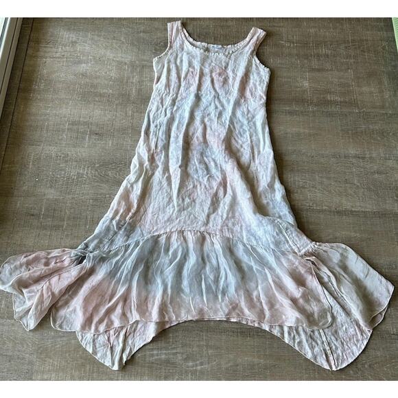 Made in Italy Linen Silk Blend Midi Dress Lagenlook Tie Dye S Asymmetrical Hem - Picture 15 of 16